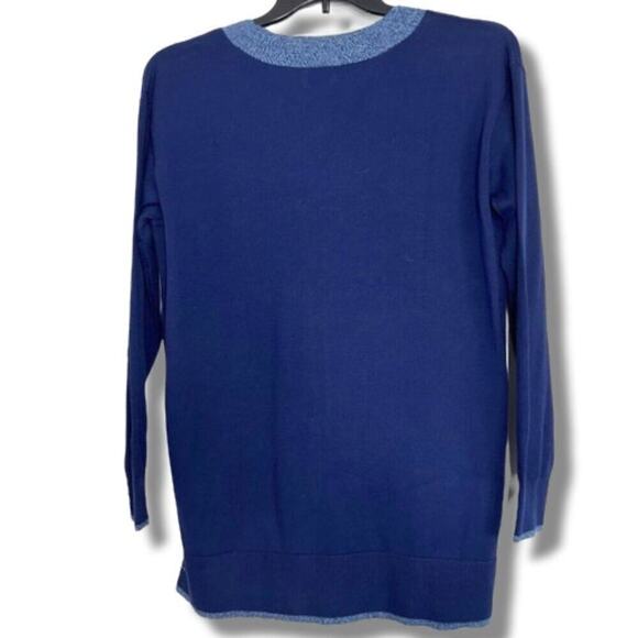 Lands' End Navy Blue Vneck Long Sleeve oversized sweater with heathered Trim Med - Picture 2 of 6